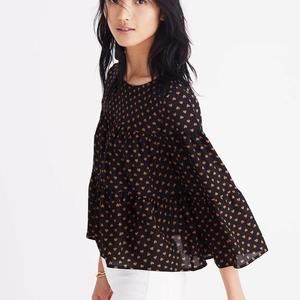 Madewell Black 100% Silk Boho Tiered Button-Back Top in Heart Flip